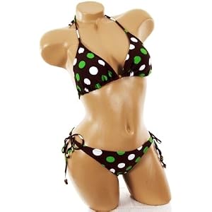 Buy Sexy Brown White Green Polka Dot Triangle Top Bikini Tie Side Brazilian Cut Bottoms 2 pc...