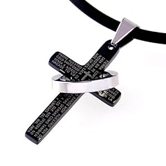 Leder Halskette mit schwarzem Kreuz und Edelstahlring Anh�nger in Samtbeutel