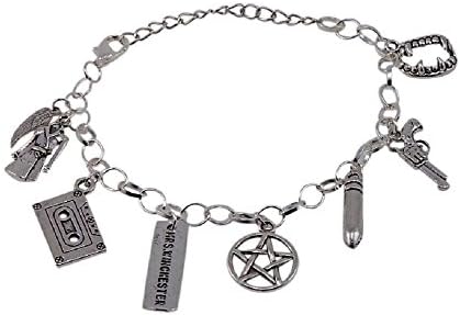 Sam and Dean Winchester Charm Bracelet: Mrs. Winchester Name Tag, Angel Wing, Vampire Teeth, Pentagram, and More. Charms Vary.