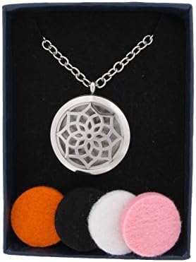 Essential Oil Aromatherapy Diffuser Necklace with 6 Colors Refill Pads(Silver-LotusMandala)