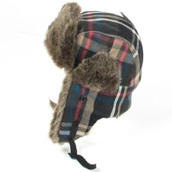 New Plaid Faux Fur Pilot Trapper Trooper Hat Black Pink Medium Large