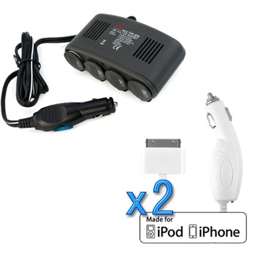 EZOPower 4-Port Car Cigarette Lighter Socket & USB Port 1A + 2 x Car Charger (Licensed by Apple) for Apple iPad 3, iPhone 4S / 4 / 3G S, iPod Nano 6th Generation, iPod Touch 4th Generation