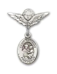 Sterling Silver Baby Badge with St. Anthony of Padua Charm and Angel with Wings Badge Pin