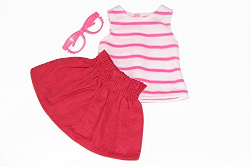 3 pc Colorful Outfit Set. Includes: Tank Top, Skirt and Glasses Color: Pink. Fits 18 Inch Doll Clothes