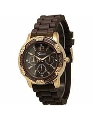 Womens Geneva Brown w/ Gold Chronograph Silicone Rubber Jelly with CZ Crystal Rhinestones Face Bling Bezel