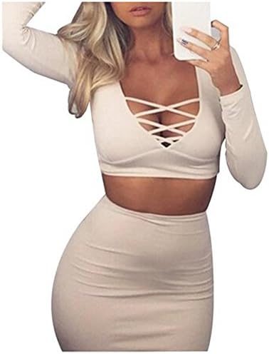 HEART1ST Women Sexy 2 Pieces Bodycon Evening Skirt Stretch Party Bandage Dresses (S, WHITE)