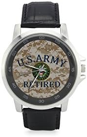 Special Design Military US Army Retired on Camouflage Background Custom Unisex Stainless Steel Leather Strap Watch Metal Case, Tempered Glass, Black Leather Band