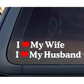 SET of 2 : I Love My Wife / Husband Car Decal / Sticker - White & Red