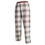 Review   / Brown and Light Blue tartan plaid check flannel cotton pants for lounging, sleep, sports. Unisex relaxed fit, available in 3 Youth sizes, exposed elastic waist