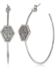 Marcia Moran Cubic-Zirconia Surrounding Geometric Stone Rhodium or Gold Plated Druzy Hoop Earrings