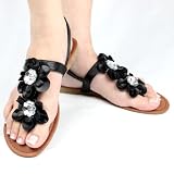 Women's Slingback T-Strap Flower Flat Thong Sandals Black PU , 5.5-10