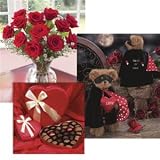 Valentine's Day Red Rose Combination Red Roses plus Gourmet Chocolates and Bandit of Love