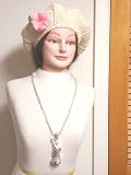 Hand Crocheted Ivory Rayon Cotton Gimp and Chenille Tweed Ralph Edward Beret Trimmed with Crocheted Pink Rayon Rosette for Women and Teens Offered in Combination with Sterling Silver Long Chain Necklace with Lady Liberty