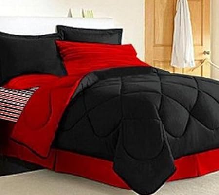 Bedding Set: Comforter, Shams, Sheets, Towels - FULL - 11 Pc Set -Black/Red