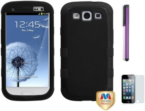 Premium New Samsung Galaxy S3 III I747 / I9300 Armor Hybrid Two Layer Phone Protector Cover Case With Purple Touch Screen Stylus Pen, Screen Protector And Pry Tool (Black)