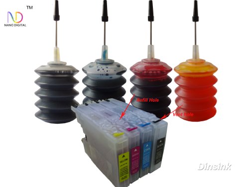 ND Brand Dinsink Refillable Ink Cartridge for Brother LC 75 Ink Cartridges: MFC-J280W MFC-J425W MFC-J435W MFC-5610W+ 4X30ML ND Brand Bulk Refill Ink Specially Formulated for Brother - Cyan, Yellow, Magenta, and Black Color