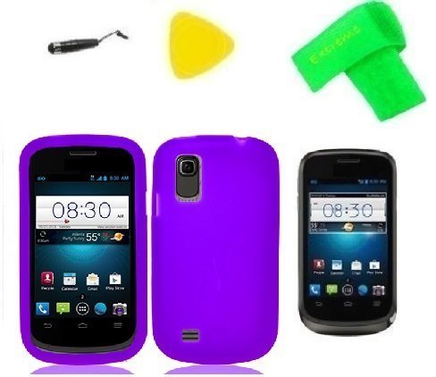 Purple Silicone Jelly Skin Phone Case Cover Cell Phone Accessory + Extreme Band + Stylus Pen + LCD Screen Protector + Yellow Pry Tool for Straight Talk ZTE Midnight Z768G
