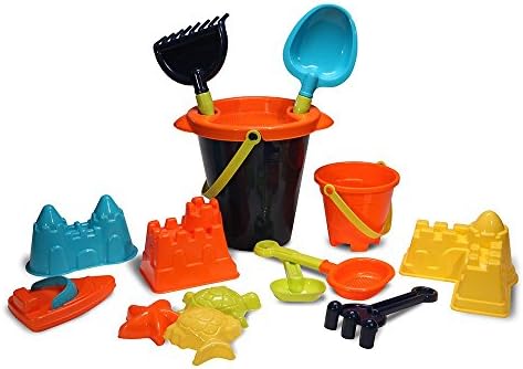 Deluxe 15 Piece Sand Toys Set Includes Tools for Building on Beach or in Sandbox: Buckets, Molds, Rakes, Shovels and Toy Boat for Summer Fun