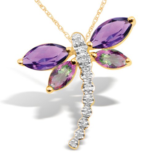 10k Yellow Gold Amethyst and Mystic Topaz Dragonfly Pendant