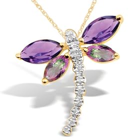 10k Yellow Gold Amethyst and Mystic Topaz Dragonfly Pendant