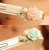 Islandoffer Rose Flower Pattern 3D Crystal Bead Pearl Diamond 3.5mm CellPhone Charm Anti Dust Plug Earphone Headphone Jack Accessory For iphones, ipods, ipads, Samsung Galaxy series and more - blue