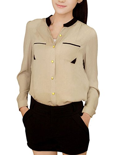 Allegra K Lady Stand Collar Button Closure Chiffon Shirt Beige XL