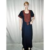 Mothers Day Gift - Maroon Embroidery Navy Blue Evening Dress Womens Cotton Kaftan Long Sleeve Patio Wear Size L Free Shipping