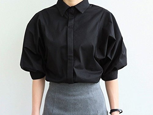 Spargel ふんわり バルーンスリーブ シャツ ブラウス レディース S M L 白 黒 ブラック ホワイト 五分袖 清楚 ボリューム ナチュラル ガーリー ゆったり クラシカル 上品 お呼ばれ 春 秋