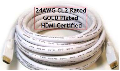 PTC 25ft PREMIUM GOLD Series HDMI CERTIFIED 24AWG CL2 rated cable -WHITE