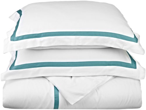 Hotel Collection 300 Thread Count Full/Queen Duvet Cover Set, White with Turquoise piping