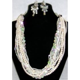 Twelve Strand Simulated Ivory Pearl Crystals and Other Beads Necklace Matching Earrings for Women...