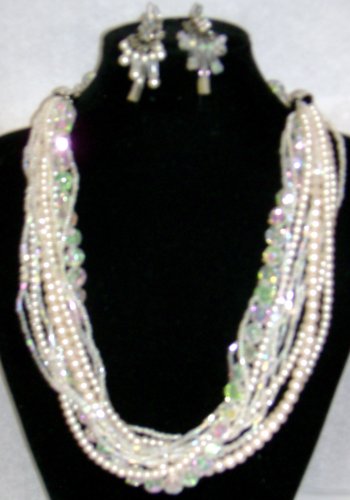 Click here to buy Twelve Strand Simulated Ivory Pearl Crystals and Other Beads Necklace Matching Earrings for Women....