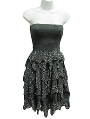 Strapless Elasticized   Waistline Knee Length Cotton/Viscose  Shirred  Dress With Ruffles