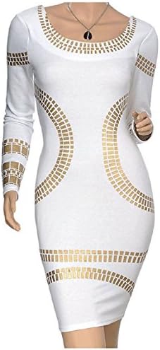 Bonydh Women's Cut out Long Sleeves Kim Egypt Gold Foil Print Cocktail Dress