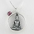 Round Sitting Buddha Pendant in Sterling Silver with Purple Glass Bead on a 16" Box Chain, #8507