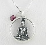 Round Sitting Buddha with Purple Bead in Sterling Silver on a 16 Box Chain, #8507