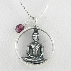 Round Sitting Buddha Pendant in Sterling Silver with Purple Glass Bead on a 16" Box Chain, #8507