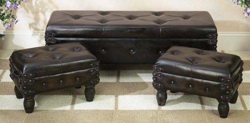 Kitchen: HANDMADE 3 Piece set of WOODEN BI CAST LEATHER BENCHES with Fancy Designing and Storage on Black Finishing
