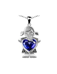 Original Star K (tm) Little Girl Holding 8mm Heart Mother Birthstone Pendant Created Sapphire in .925 Sterling Silver