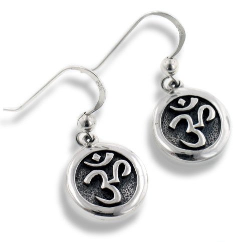 OM or Aum Hindu Yoga Symbol Sterling Silver Round Hook Earrings