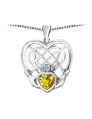 Celtic Love By Kelly (tm) Celtic Knot Irish Heart Claddagh Pendant with Heart Shape Simulated Citrine in 925 Sterling Silver