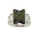Bling Five Stone Almost Emerald Cut Olivine Color Cubic Zirconia Silvertone Cocktail Ring
