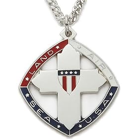 Sterling Silver 1 1/4" Land, Air, Sea Tri-Color Cross Medal on 24" Chain