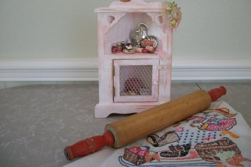 Miniature Bakers Kitchen Pantry Hand Painted Cabinet Filled with Miniature 1:12 Food Pasteries Shabby Pink Distressed Hat OOAK Handmade