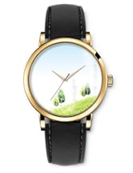 SPRAWL Aanalog Fashion Series Gold Ladies Watches of Genuine Black Leather Strap,Unique Wrist Watch for Women Girls Designed with Trees and Towers
