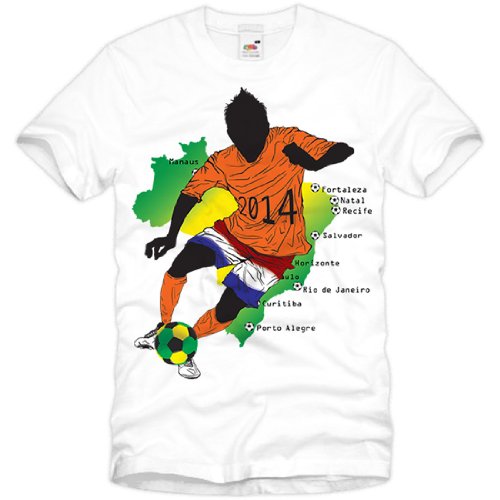 style3 WM Holland Brasilien Fußball T-Shirt für Herren in verschiedenen Farben S-3XL, Größe:S;Farbe:Weiß