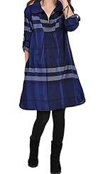 Plus Size Long Sleeves Linen Plaid Print  Shirt  Dress