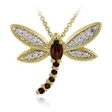 18K Gold over Sterling Silver Genuine Garnet & Diamond Dragonfly Pendant