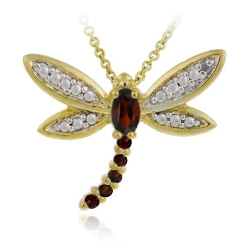 18K Gold over Sterling Silver Genuine Garnet & Diamond Dragonfly Pendant
