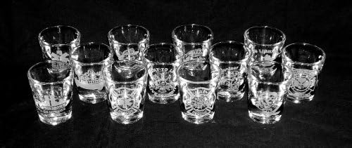 12 Piece Set of Etched Glass Fire Fighter Shot Glasses